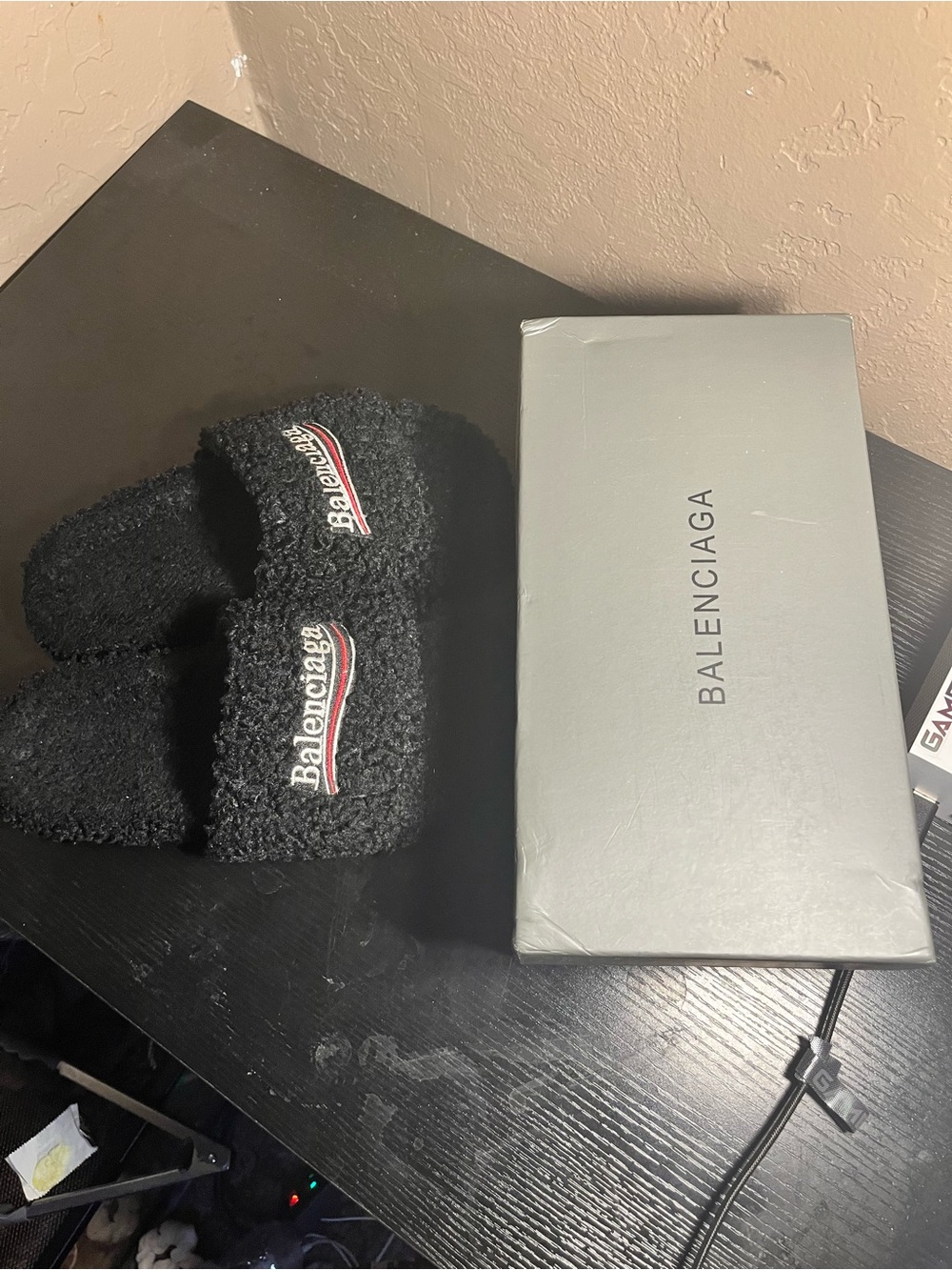 Balenciaga Kids Black Sherpa Slides with Red & White Logo